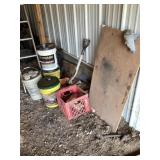 Milk crate and partial 5 gallon buckets