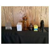 Assorted jar, metal bookends, etc