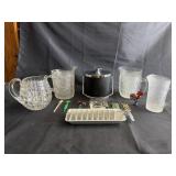 Glass pitchers, ice bucket, & other assorted items