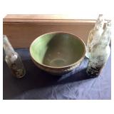 Vintage glass bottles, and green bowl