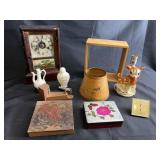 Mantle clock, scarf boxes, vases, & other