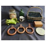 Basket, frog figurine, decorative bottle, & o