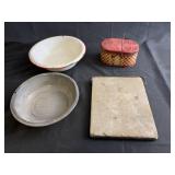 Wash basins, soapstone foot warmer, & oval tin