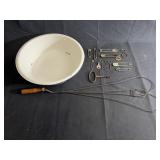 Vintage rug beater, washing bowl, & safety pins
