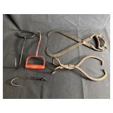 Vintage ice block tongs, hay hooks, & fish hook