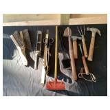 Assorted tools to include hammer rake, garden