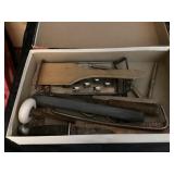 Assorted tools and vintage table tennis set