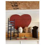 Chia heads, wood heart, chair and wood village