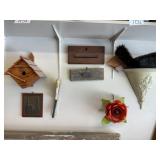 Bird house, wood decor metal basket and flower
