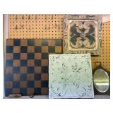 Wood checkerboard, metal decor