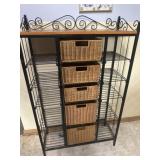 Metal shelving unit with wicker baskets