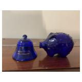 Blue glassware bank and bell