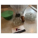Flower frogs, copper shot glasses, basket