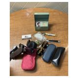Marbles, glasses and misc, advertisers, knife