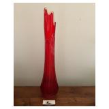 Vintage red ribbed glass swung vase
