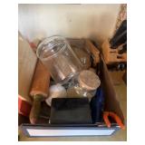 Box of assorted kitchen items and knife set