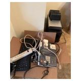 Assorted office supplies and speakers