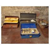Vintage metal toolbox with contents, tacklebox,