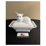 West Moreland melt glass covered cat dish