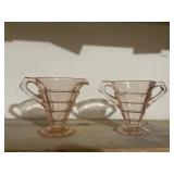 Pink depression glass cream and sugar