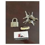 Pad lock, keys, knife