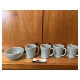 Blue Fire King mugs and bowl