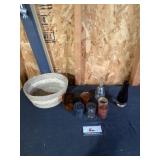 Woven basket and miscellaneous candleholders
