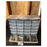 Plastic storage shelving with contents