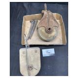 Barn pulleys and rail road spikes