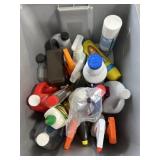 Tote of cleaning supplies and miscellaneous