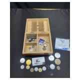 Tokens, locks, misc in wooden box
