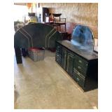 Full-size bed headboard with dresser, mirror