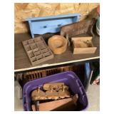 Tote of wood shelves, and miscellaneous