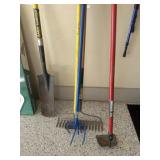 Garden hoes, spade, rake