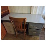 Metal desk with wooden chair and 2 drawer filing