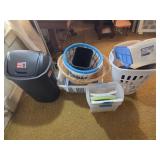 Assorted clothes baskets, trash bin, plastic totes