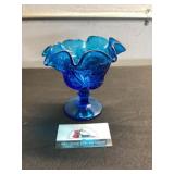 Blue Glass Ruffled Pedestal Compote