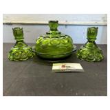 Green glass covered dish and candle holders