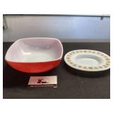 Red Pyrex Dish & Butterfly Gold Pyrex Plate