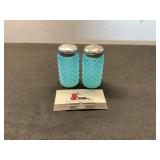 Blue glass hobnail salt and pepper shakers