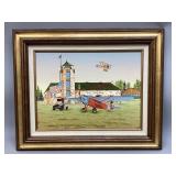 Signed Oil On Canvas Rural Airport Scene