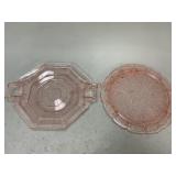 Pink Depression Glass Cake Stand and Platter