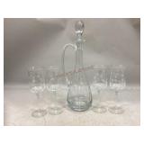 Etched Decanter And 4 Matching Wine Glasses
