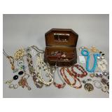Large Assortment of Costume Jewelry & Jewelry Box