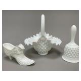Fenton Hobnail Milk Glass Slipper, Bell & Basket