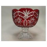 Cranberry Cut to Clear Glass Pedestal Bowl