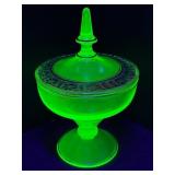 Uranium Glass Footed Candy Dish with Lid