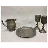 Pewter Platter, Goblets, and Pitcher