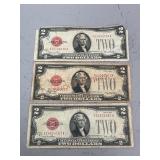 Three Red Seal Two Dollar Bills