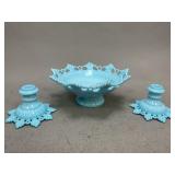 Blue Slag Glass Open Lace Compote and Candlesticks